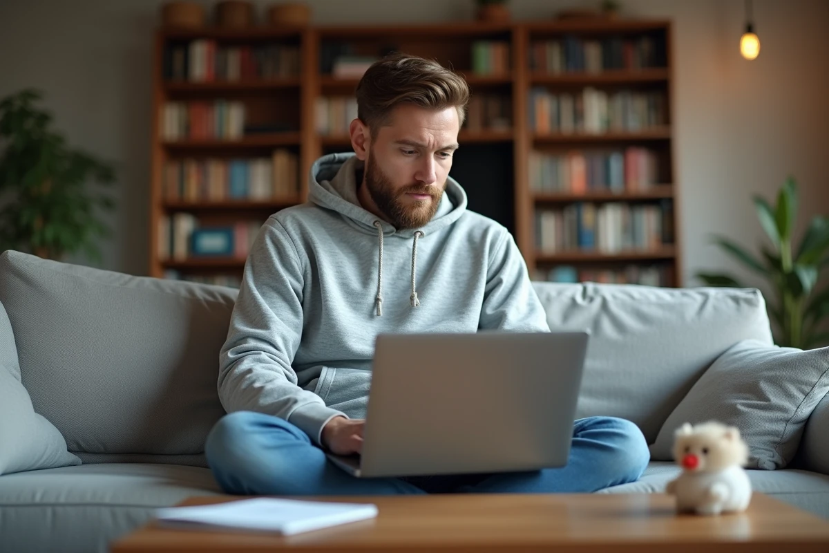 Père à la maison rédigeant un email de demande de congé parental sur son canapé