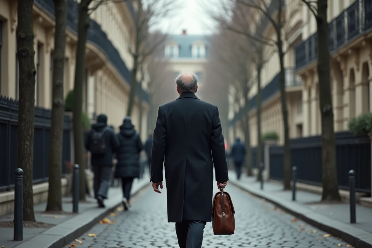 Personnalité publique marchant discrètement dans une rue pavée parisienne à l'automne, préservant son anonymat