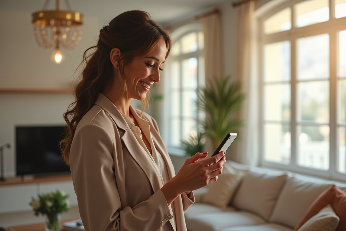 Personne heureuse acceptant une invitation sur son smartphone dans un salon lumineux
