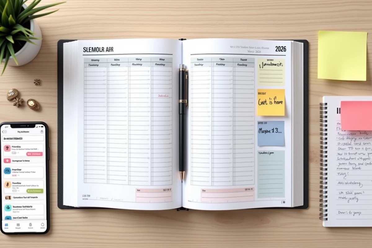 Vue aérienne d'un bureau avec calendrier scolaire 2025-2026, notes et application de planning partagé pour parents séparés