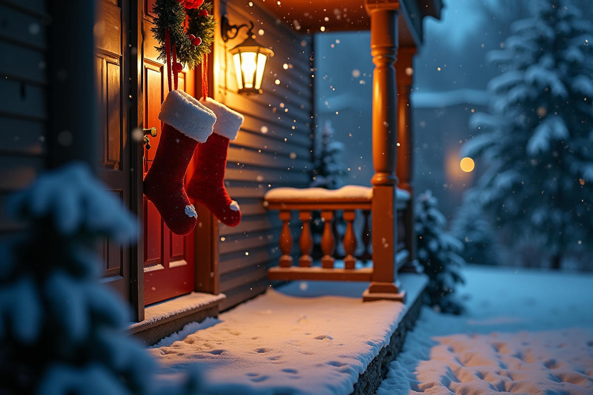 Porche enneige avec chaussettes de Noël et lumières douces