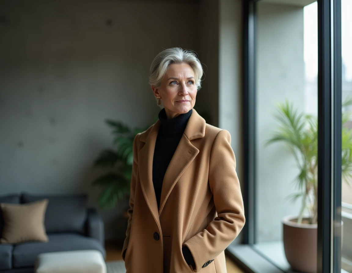 Femme en manteau camel debout près d'une fenêtre dans un appartement moderne, portrait illustrant la vie privée d'une personnalité médiatique