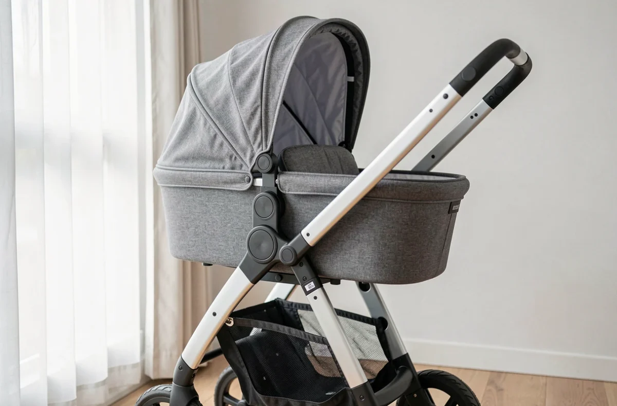 Poussette trois en un en mode nacelle présentée dans un appartement scandinave moderne, mettant en valeur les matériaux et options techniques