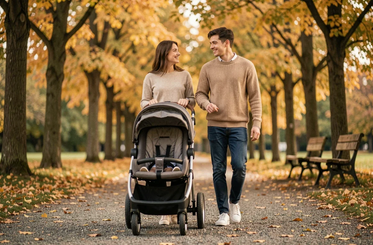 Jeune couple se promenant en parc avec une poussette trois en un en mode siège enfant, illustrant un usage quotidien en famille en automne