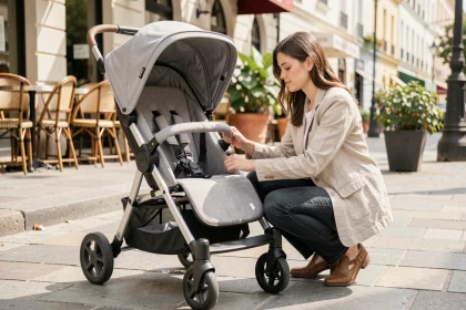 Mère ajustant une poussette trois en un convertible sur un trottoir urbain européen, illustrant la modularité et le confort quotidien
