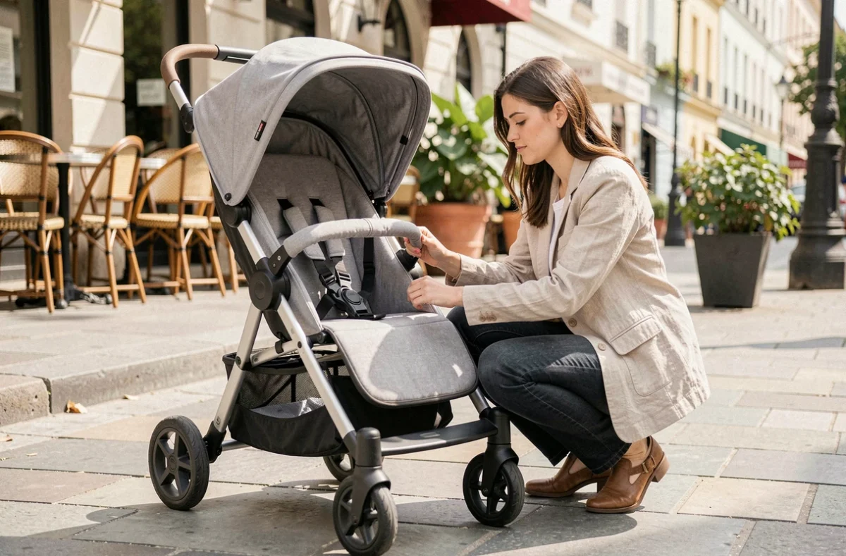 Mère ajustant une poussette trois en un convertible sur un trottoir urbain européen, illustrant la modularité et le confort quotidien