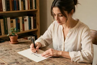 Jeune femme écrivant le prénom Julia en calligraphie sur du papier ivoire dans un bureau rustique