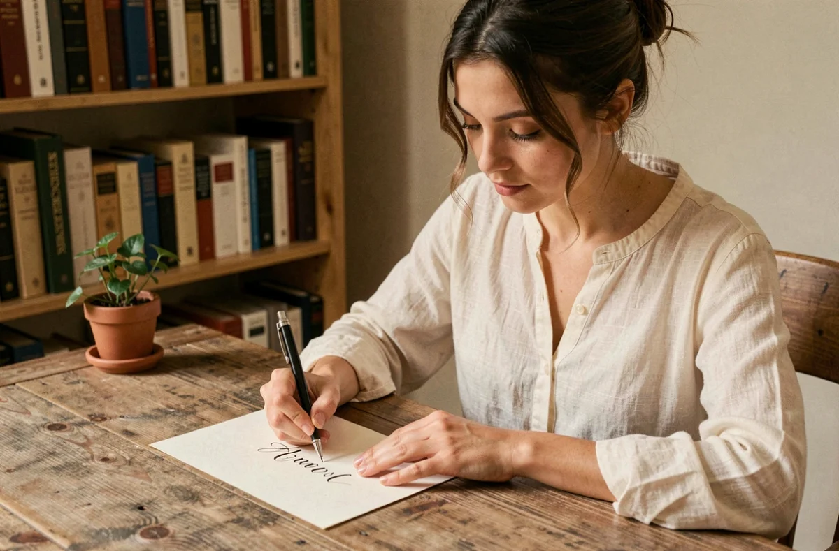 Jeune femme écrivant le prénom Julia en calligraphie sur du papier ivoire dans un bureau rustique