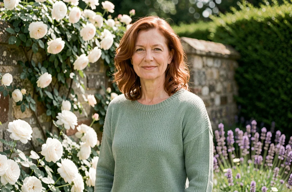 Femme épanouie dans un jardin fleuri évoquant la douceur et l'élégance du prénom Julia