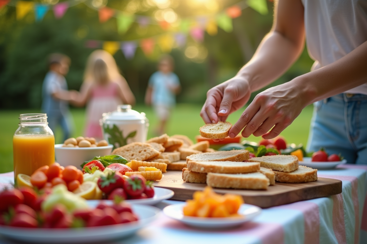 Adultes préparant des plateaux de snacks sains pour une fête