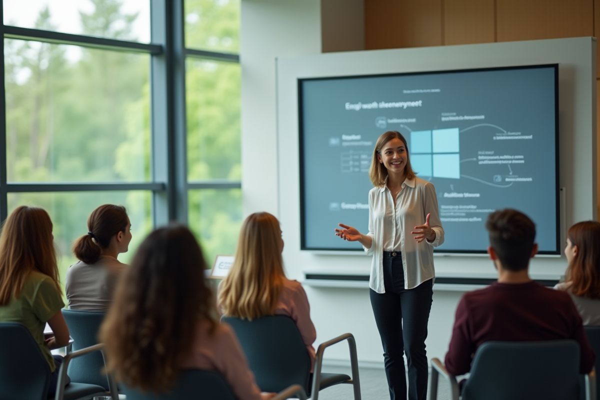 Jeune femme professeur en salle de cours moderne