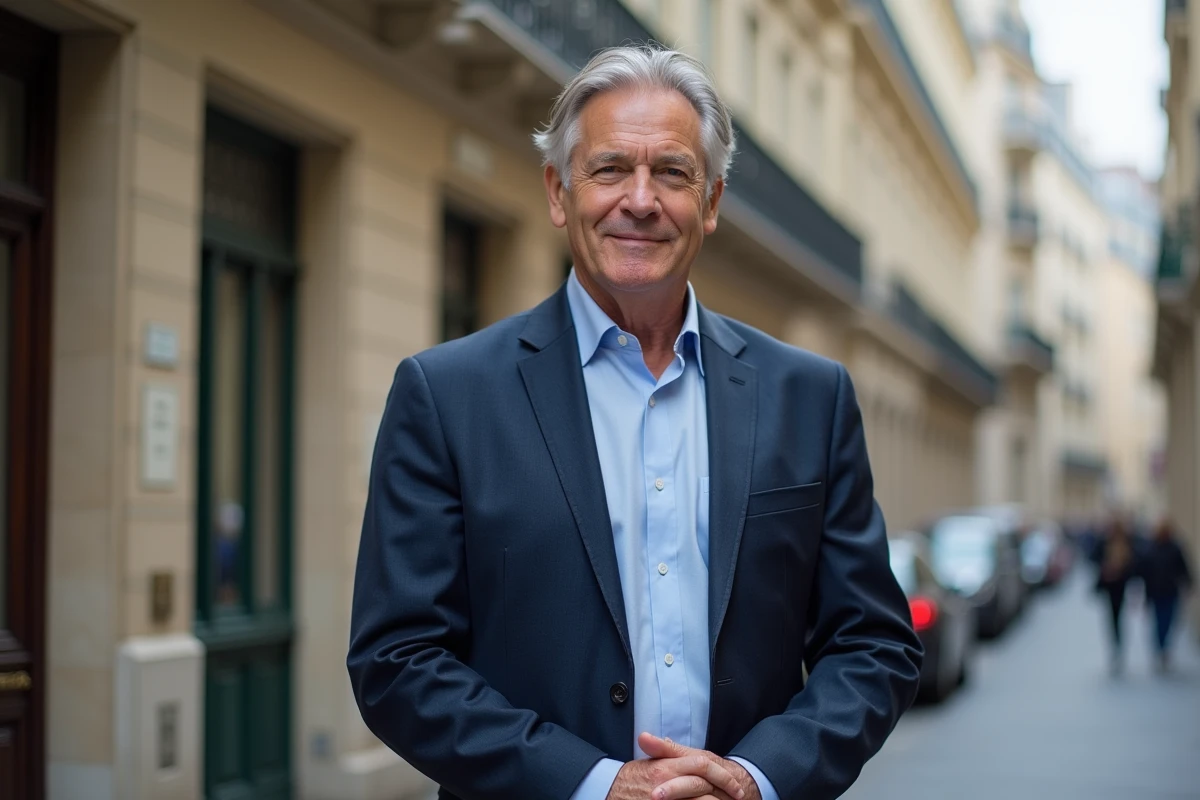 Homme professionnel aux cheveux gris en blazer marine devant un immeuble haussmannien parisien