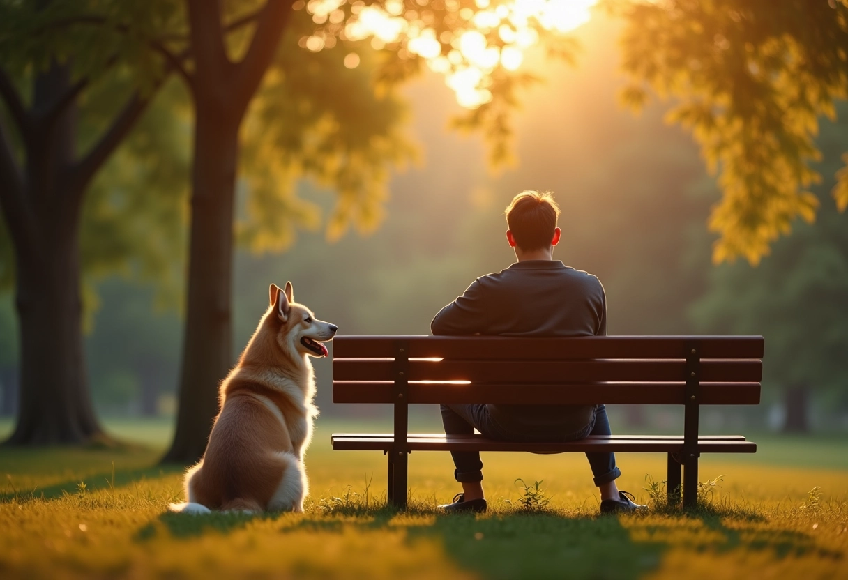 Personne assise sur un banc avec son chien dans un parc ensoleille