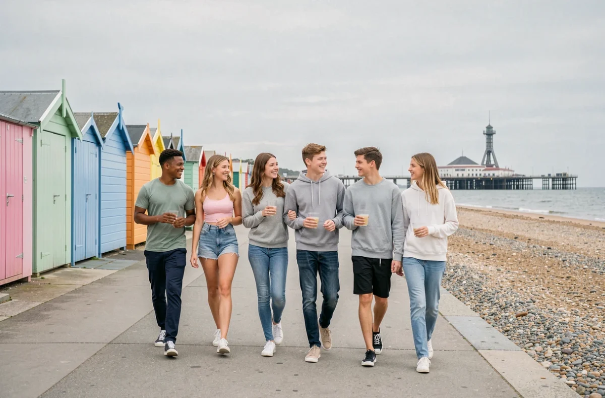 Groupe d'adolescents en séjour linguistique se promenant sur le front de mer de Brighton lors des vacances scolaires 2026