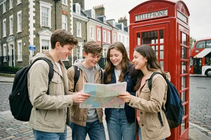 Groupe de lycéens français devant une cabine téléphonique rouge à Londres lors d'un séjour linguistique en Angleterre