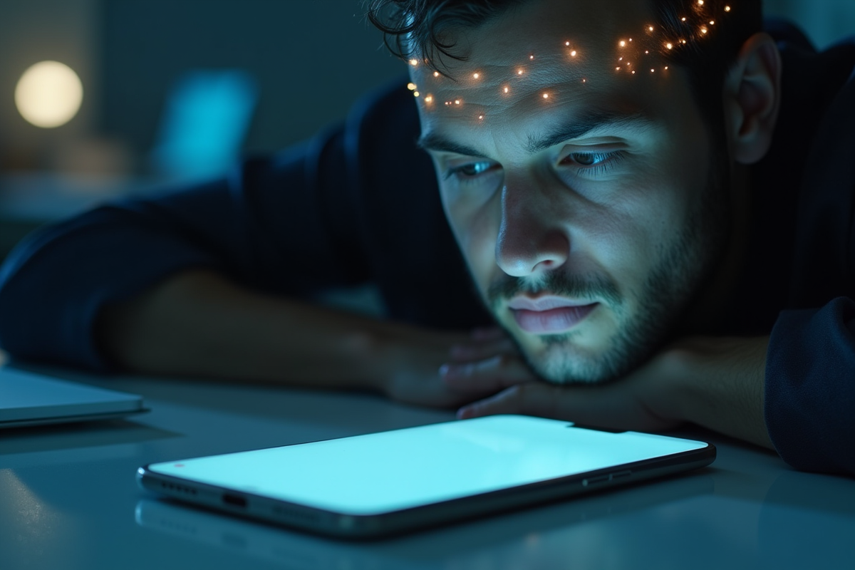 Smartphone lumineux sur bureau avec visage pensif et circuit cerebral