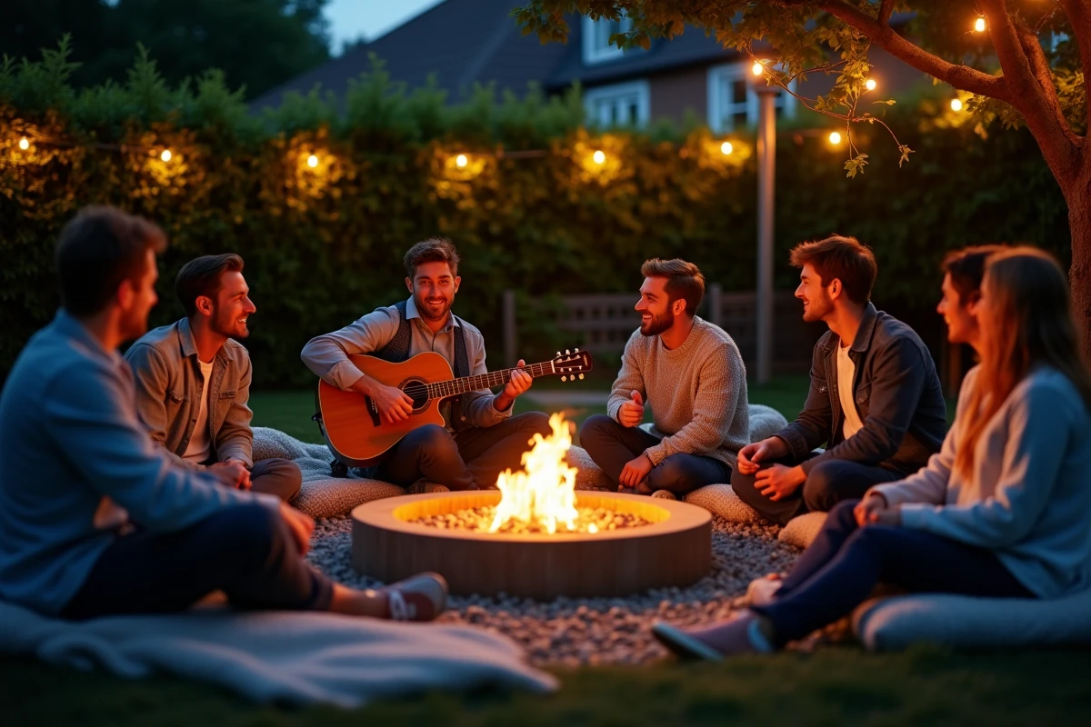 Groupe d'amis assis autour d'un feu de camp dans un jardin la nuit lors d'une soirée anniversaire en extérieur
