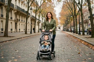 Jeune maman fatiguée promenant son bébé d'un an en poussette sur un boulevard parisien en automne