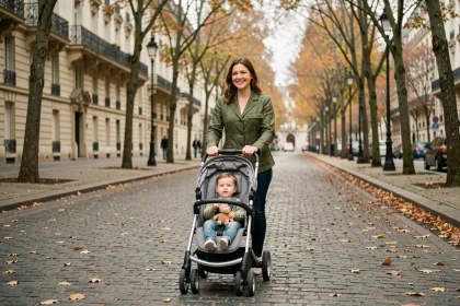 Jeune maman fatiguée promenant son bébé d'un an en poussette sur un boulevard parisien en automne
