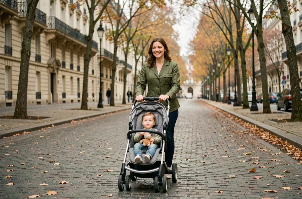 Jeune maman fatiguée promenant son bébé d'un an en poussette sur un boulevard parisien en automne