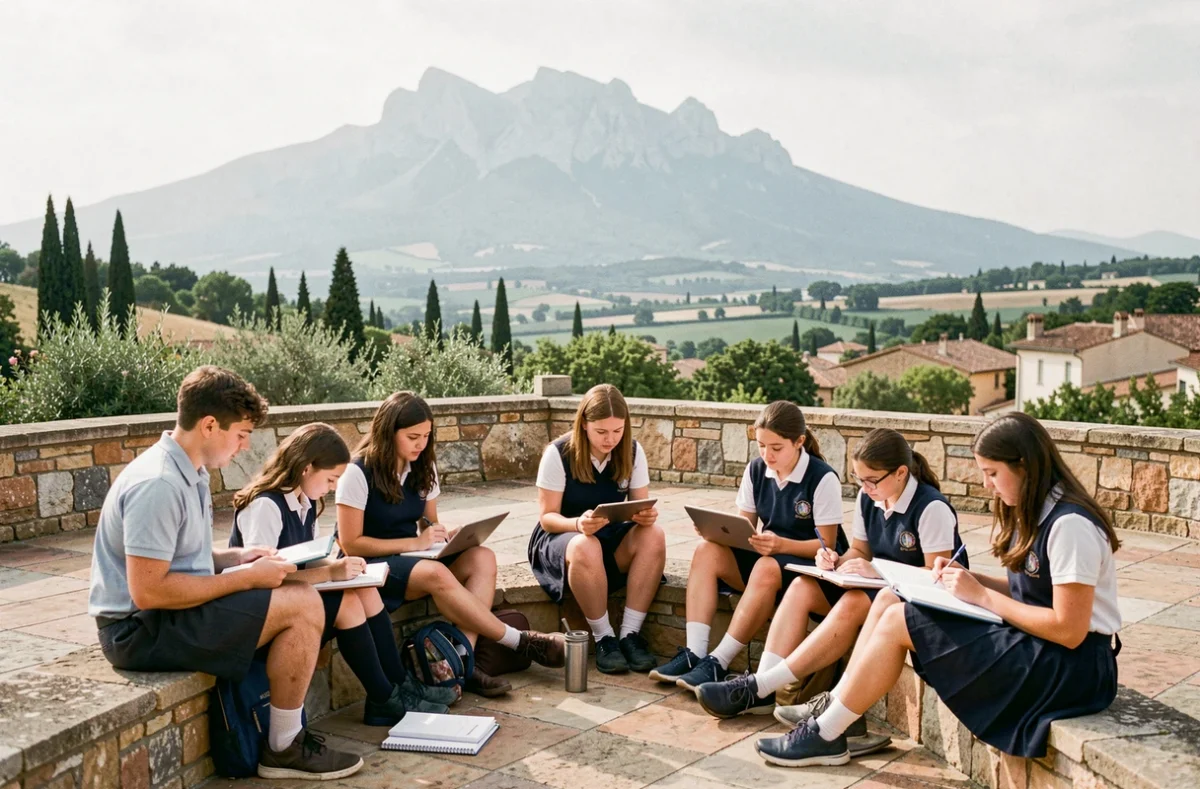 Élèves de la SVIS Sainte Victoire International School étudiant en plein air avec la montagne Sainte-Victoire en arrière-plan