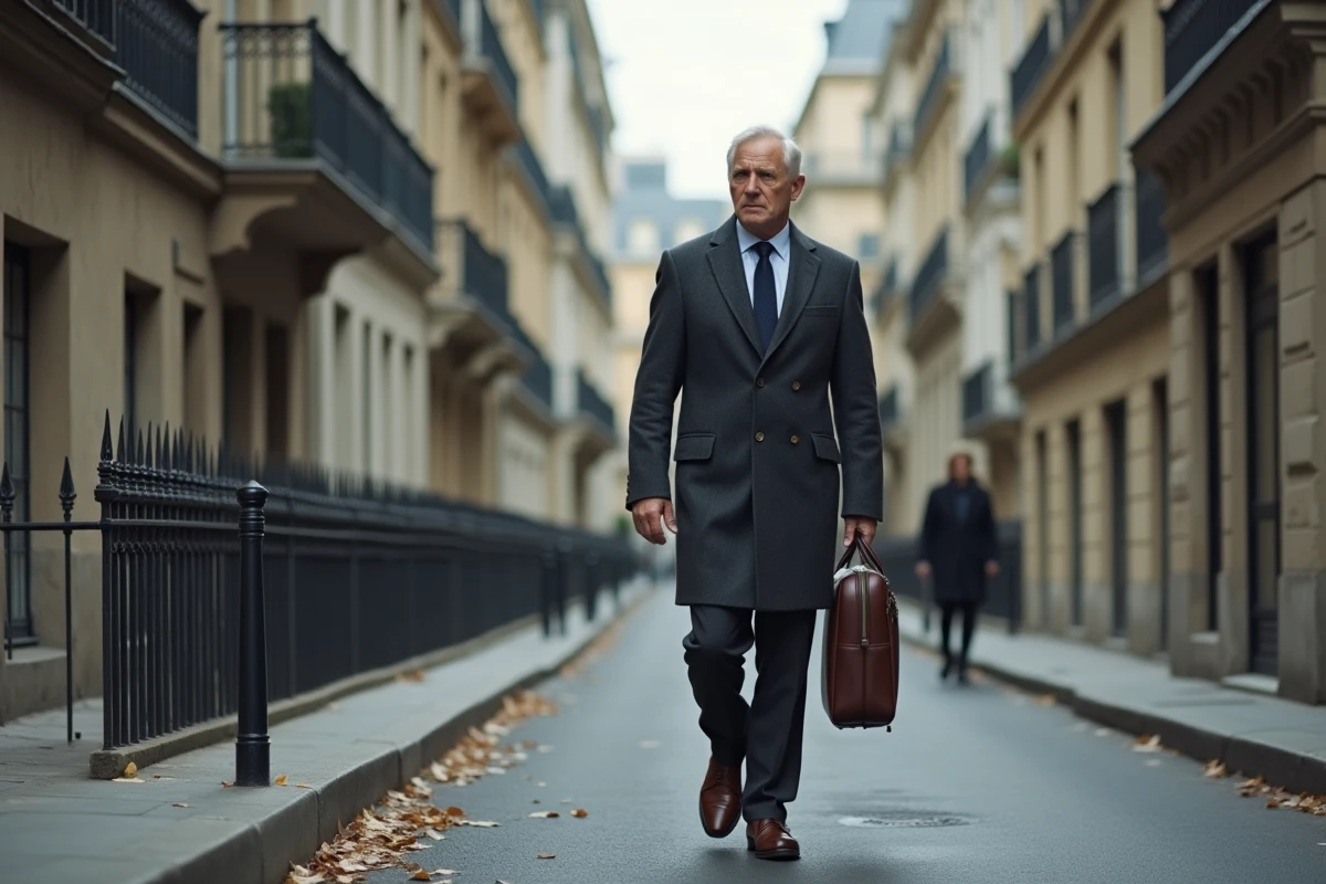 Silhouette d'un homme discret marchant dans une rue parisienne haussmannienne, évoquant les rumeurs autour de la vie privée de Thierry Cabannes