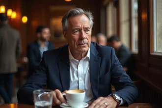 Homme d'affaires pensif attablé dans une brasserie parisienne, illustrant les zones d'ombre de la vie privée de Thierry Cabannes