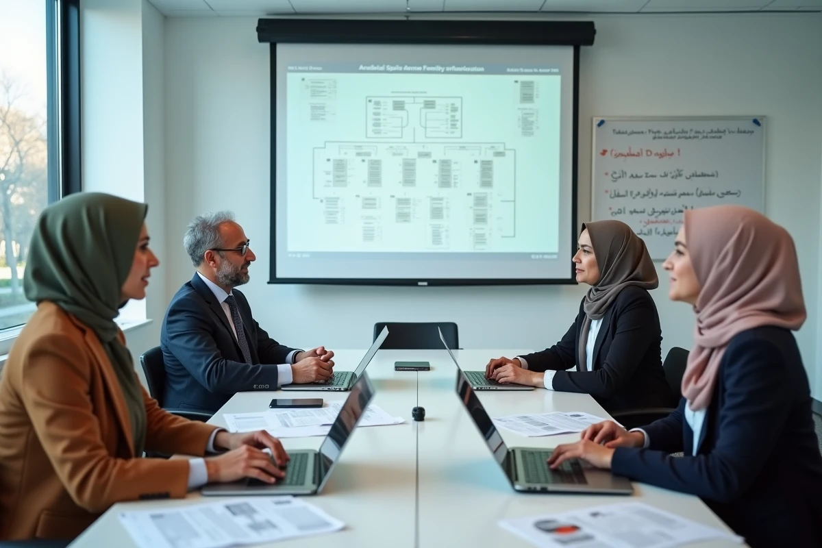 Groupe d'universitaires discutant de généalogie islamique et de la descendance du Prophète Mohammed autour d'une table de conférence