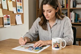 Femme examinant une épreuve photo à côté d'un gobelet personnalisé anniversaire sur un bureau en bois
