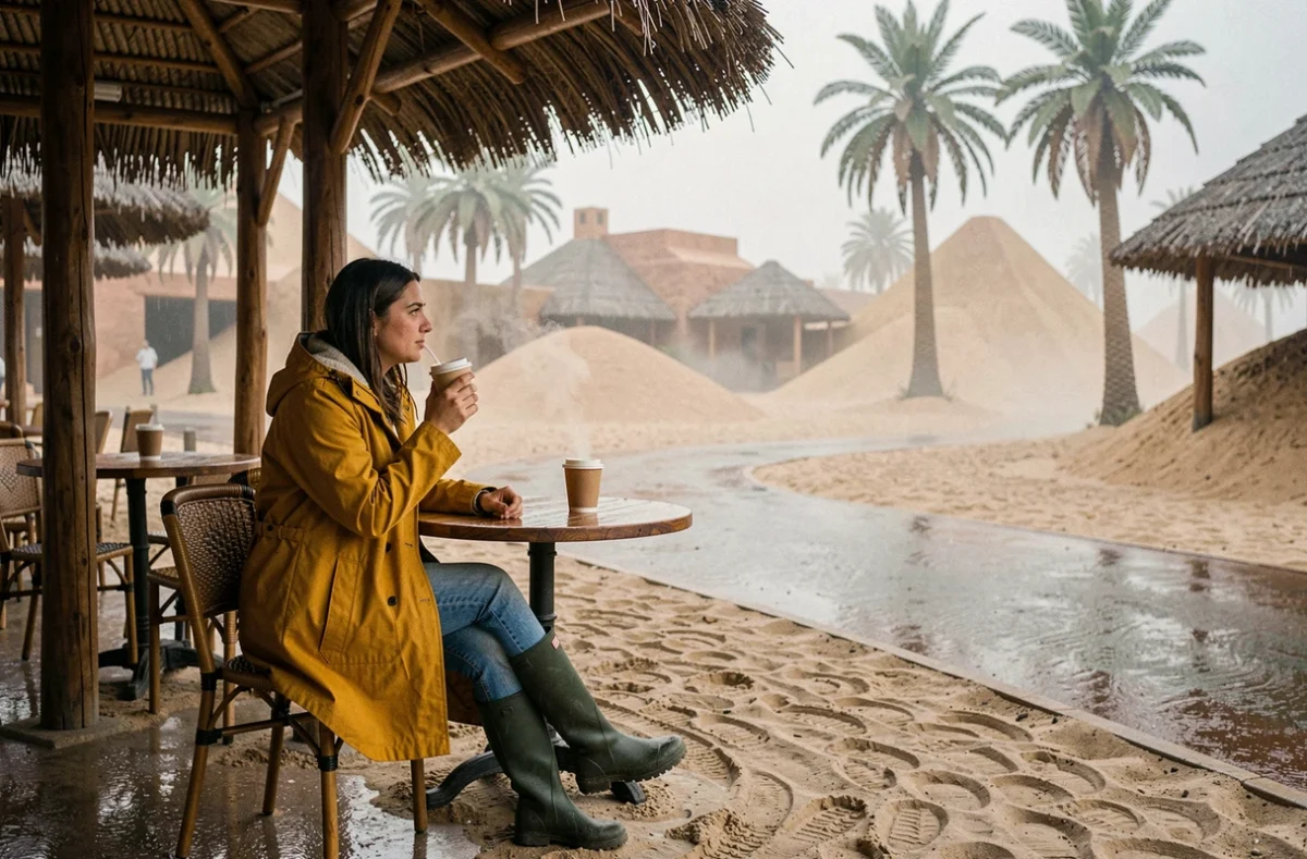 Jeune femme sous un abri de café dans le parc de la Mer de Sable sous la pluie