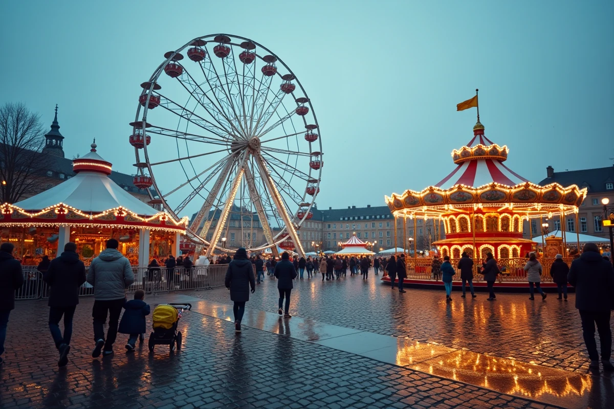 Vue panoramique de la Foire aux Manèges de Lille avec la grande roue et les familles sur les allées pavées en hiver